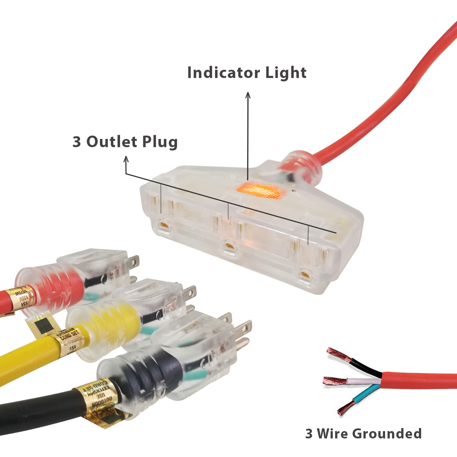 Royal Designs, Inc. Heavy Duty Extension Cord with Indicator light for Indoor & Outdoor, 25 ft long, Red, 3 Outlet Prong Grounded Wire UL Listed