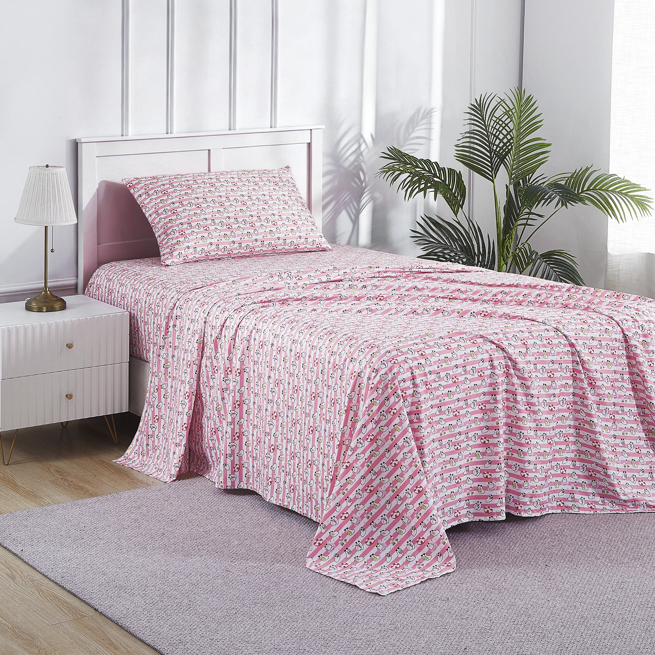Summerween Soft Microfiber Sheet Set, 3- Piece, Pink & White Nautical Ghosts, Twin-XL