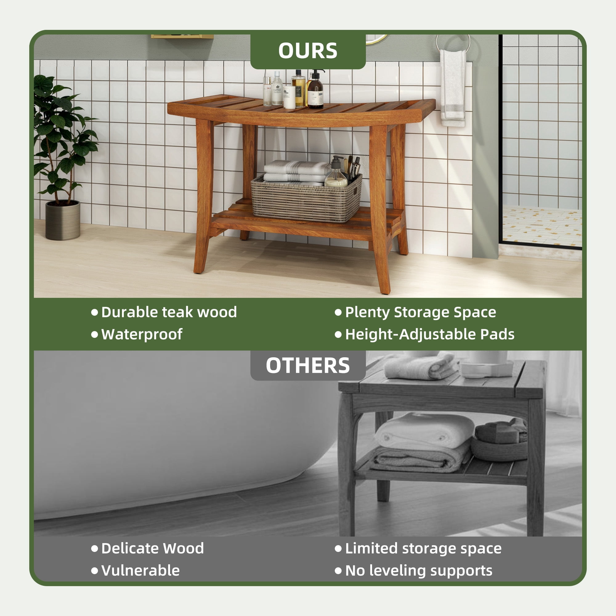 Uforic 30" Teak Wood Bath Bench for Indoor & Outdoor, Waterproof Shower Stool, Brown