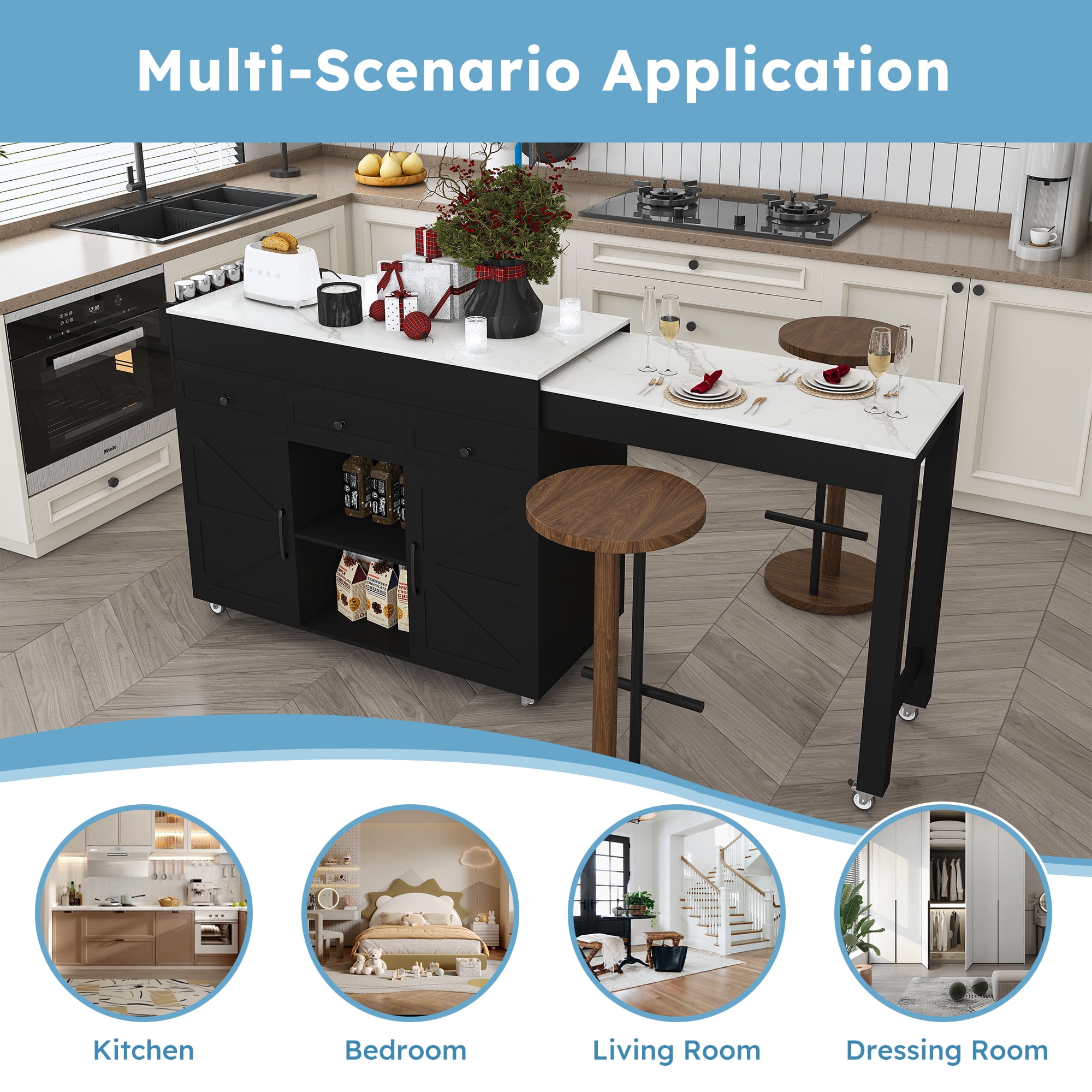 Wohh 74.8 Inch Mobile Kitchen Island with Extendable Dining Table & Power Outlet, Rolling Storage Cart with 3 Drawers & 2 Cabinets,Kitchen Cart on Wheels for Small Spaces, Food Prep Station