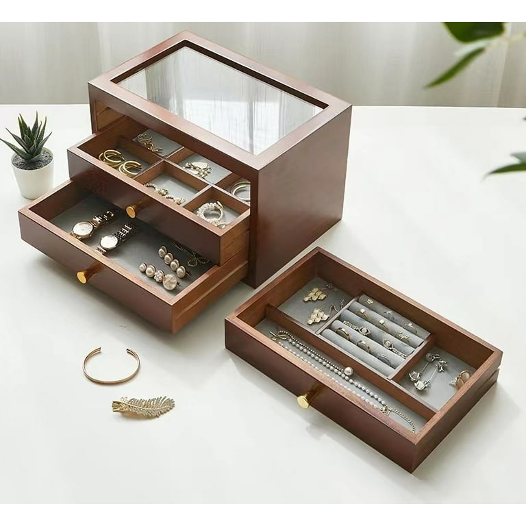 Jewelry Organizer Box With Glass Lid, 3-layer Large Jewelry Boxes