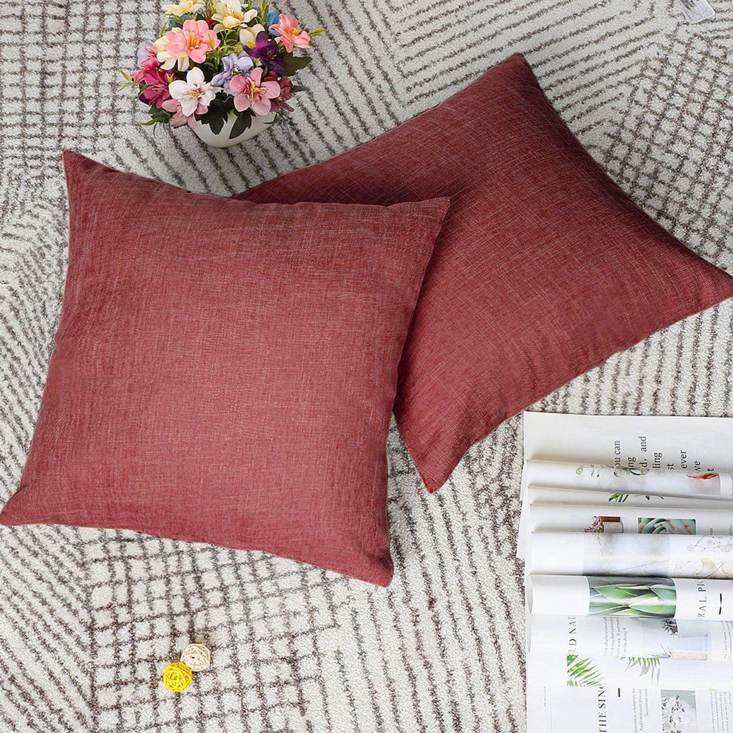 Unique Bargains 2 Pack Cotton Linen Throw Pillow Covers 18" x 18" Red