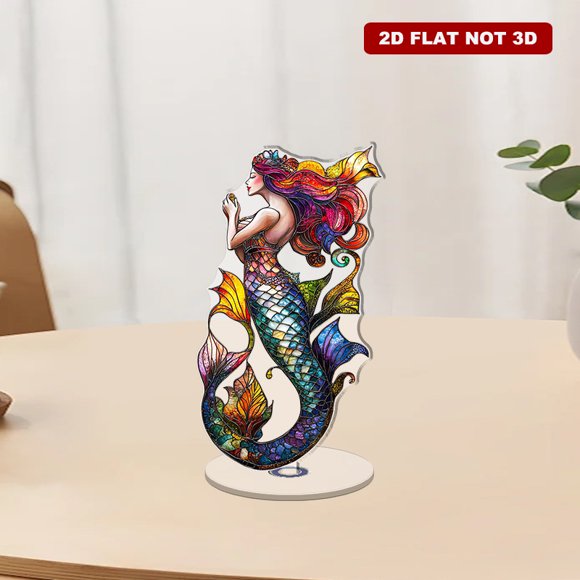 Ornement Acrylique Rotatif avec un design de Sirène en Verre Teinté vibrant avec des Détails Complexes et des textures Riches sur un Fond Blanc Éclatant