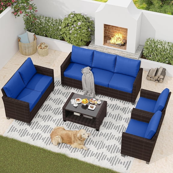 IdealHouse 5-Piece Modular Outdoor Patio Furniture Set, All-Weather PE Rattan Sectional Sofa with Tempered Glass Table & Chairs, Brown   Sky Blue