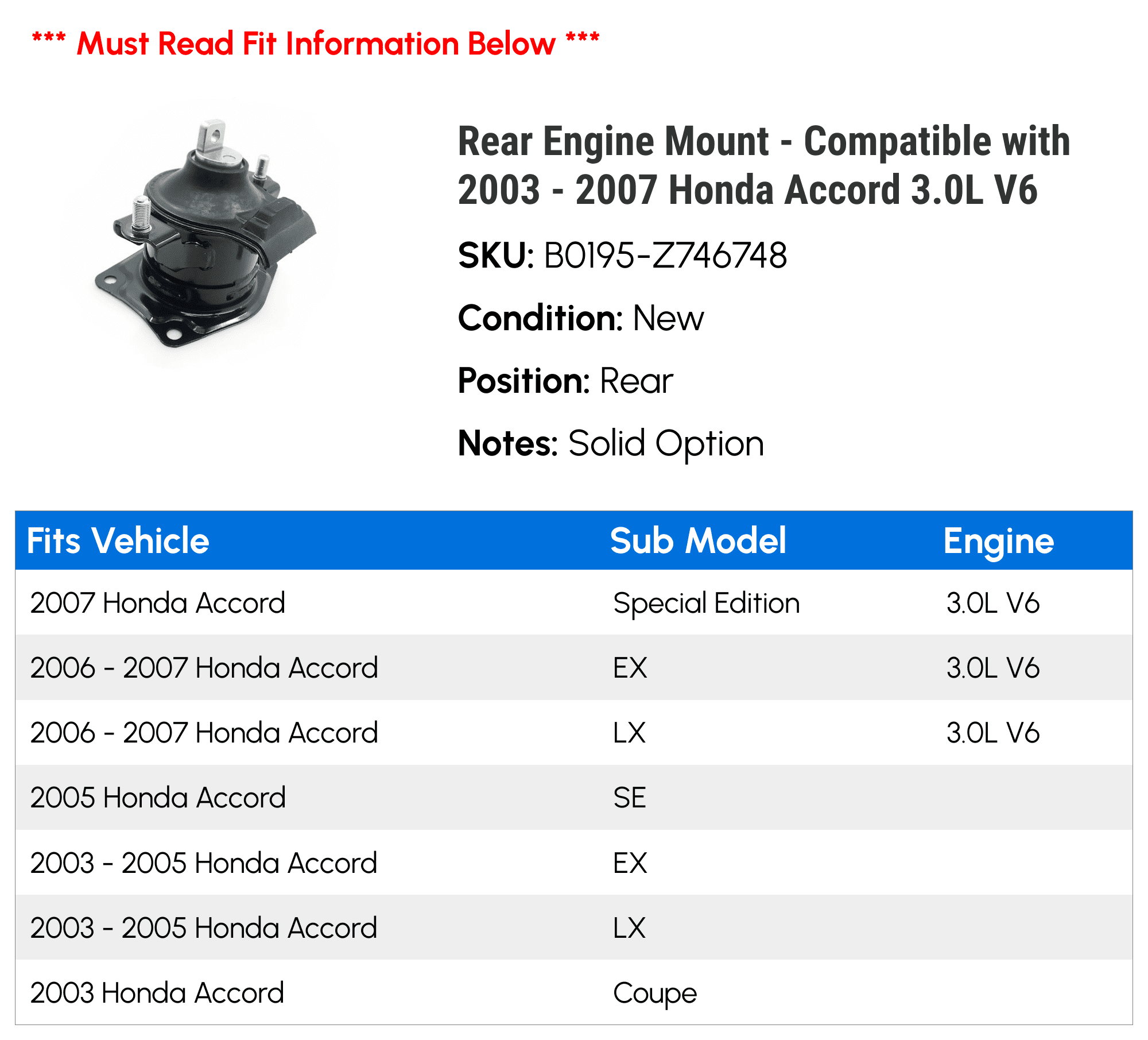 Rear Engine Mount - Compatible with 2003 - 2007 Honda Accord 3.0L V6 2004 2005 2006