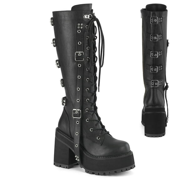 Demonia ASSAULT-218 Women's 4 3/4" Heel Platform Lace-Up Studded Buckles Knee High Boots