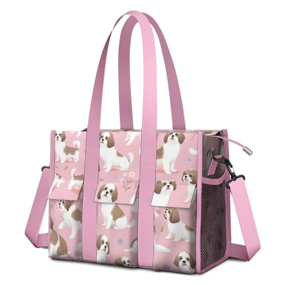 Teacher Tote Bag,Shih Tzu Dogs and Pioneer Flower Teacher Utility Tote Bag,Large Work Tote Bags for Women with Multiple Pockets,Top Zipper Closure,13.8x10.6x6.7 Inch