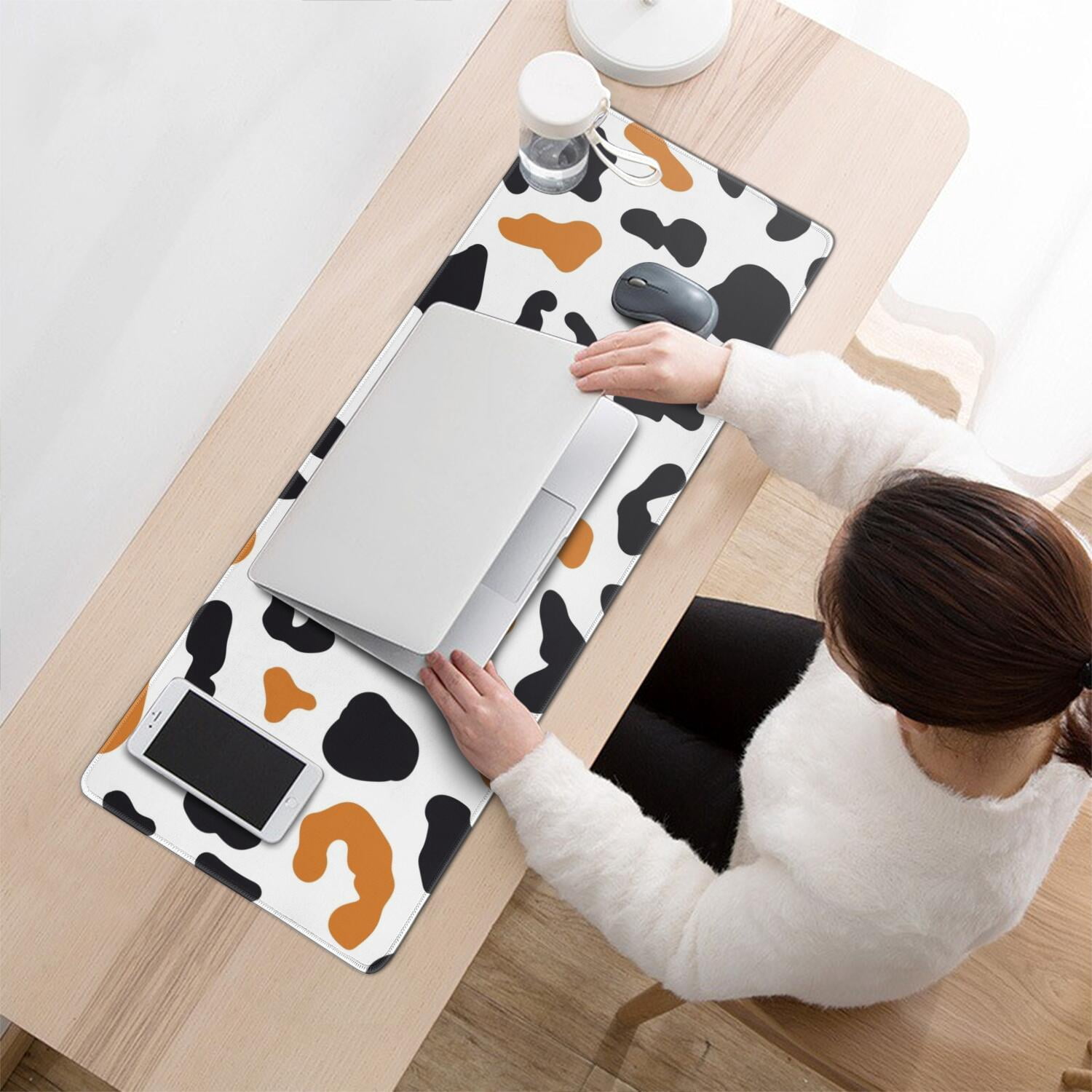 Long Mouse Pads for Desk,White and Orange Of Leopard Print Desk Mats on Top Of Desks, Desk Mouse Pad Extra Large with 3mm Non-Slip Base and Stitched Edge for Gaming,Office,Work,Home 31.5"x11.8"