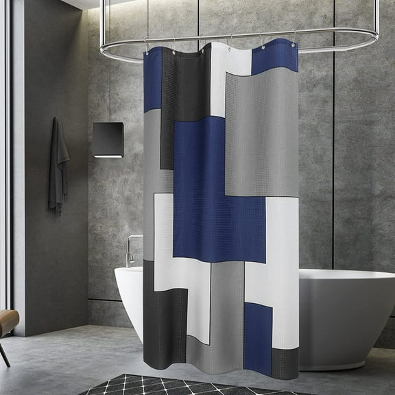 Blue and Grey Stall Shower Curtains for Bathroom Black White Small Shower Curtain Set with Hooks Modern Geometric Navy Blue White Half Shower Curtain Waffle Weave Water Repellent Washable 36x72 Inch