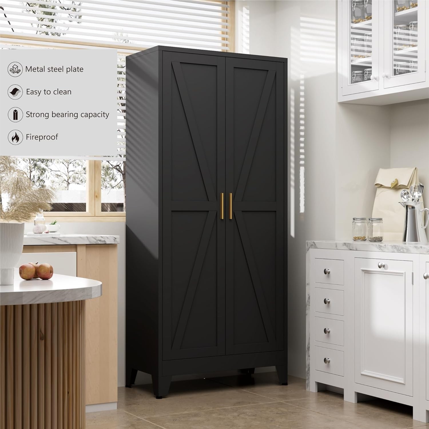 WDZS Large Metal Kitchen Pantry Cabinet with Adjustable Shelves - Freestanding Kitchen Storage Cabinet for Dining Room,Livingroom Bathroom, Hallway, Workshop, Office,Black