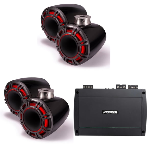 Kicker (2 Pair) 47KMFC9 9" Black Horn-Loaded Tower Speakers & 800 Watt Marine Amp with Flat-Mount Tower Adapters