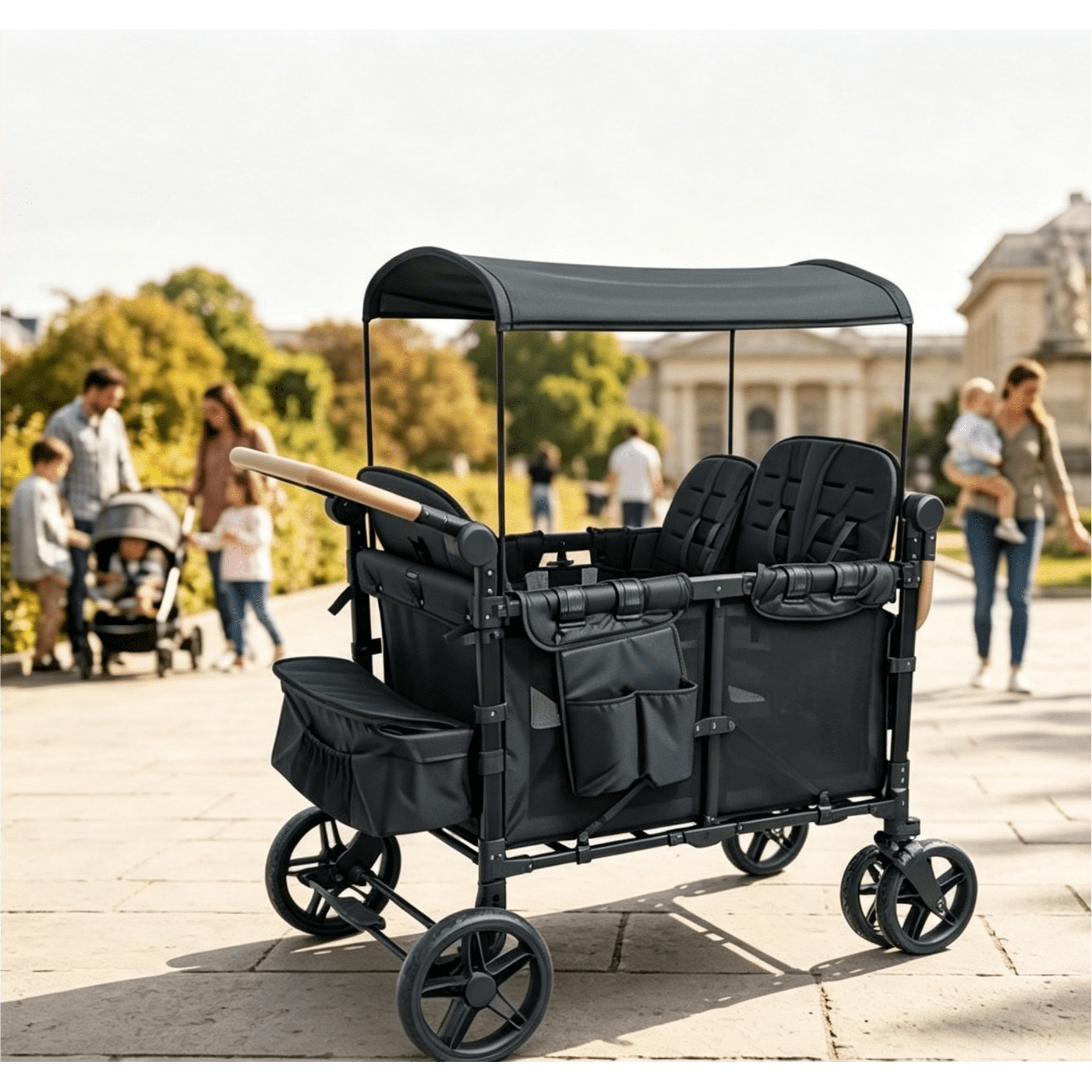 Stroller Wagon 4 Seater, Foldable All-Terrain Wagon with Canopy and 5 Point Harness, Collapsible Push Pull Wagon for Kids Camping and Daily Use