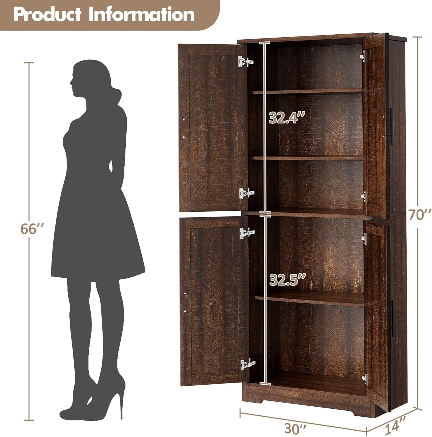 70 Inch Tall Kitchen Pantry Cabinet, Freestanding Storage Cabinet with 4 Doors and Adjustable Shelves, Utility Hutch Cupboard for Dining Room, Bathroom, Living Room