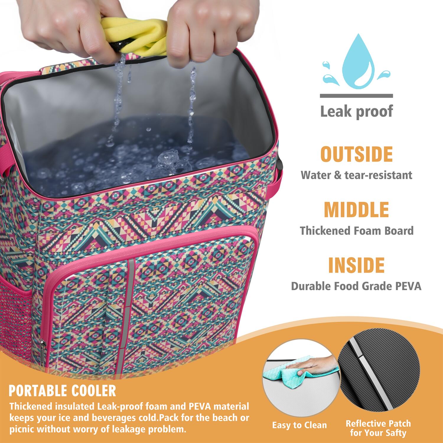 Travel Cooler Bag - Boho Bohemia Pioneer Flower Geometric Line Art Camping Beer Cooler Backpack with Bottle Opener- Waterproof Insulated Picnic Backpacks - Cooler Bag for Beach