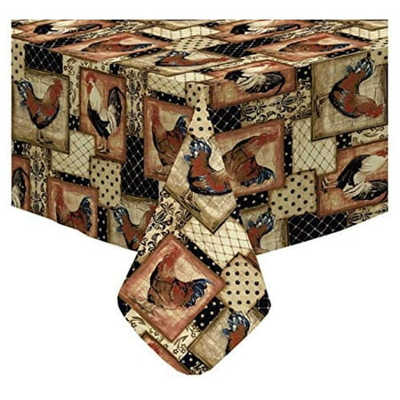 

Newbridge Vintage Rooster Print Vinyl Tablecloth with Flannel Backing Farmhouse Rooster Flannel Backed Indoor Outdoor Tablecloth 60 Inch x 102 Inch Oblong/Rectangle