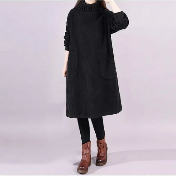 Zedker Women Corduroy Dress Turtleneck Long Sleeve Dress Winter Thicken Fleece Lined Long Sleeve Dresses with Pocket Dresses for Women Plus Size Black L