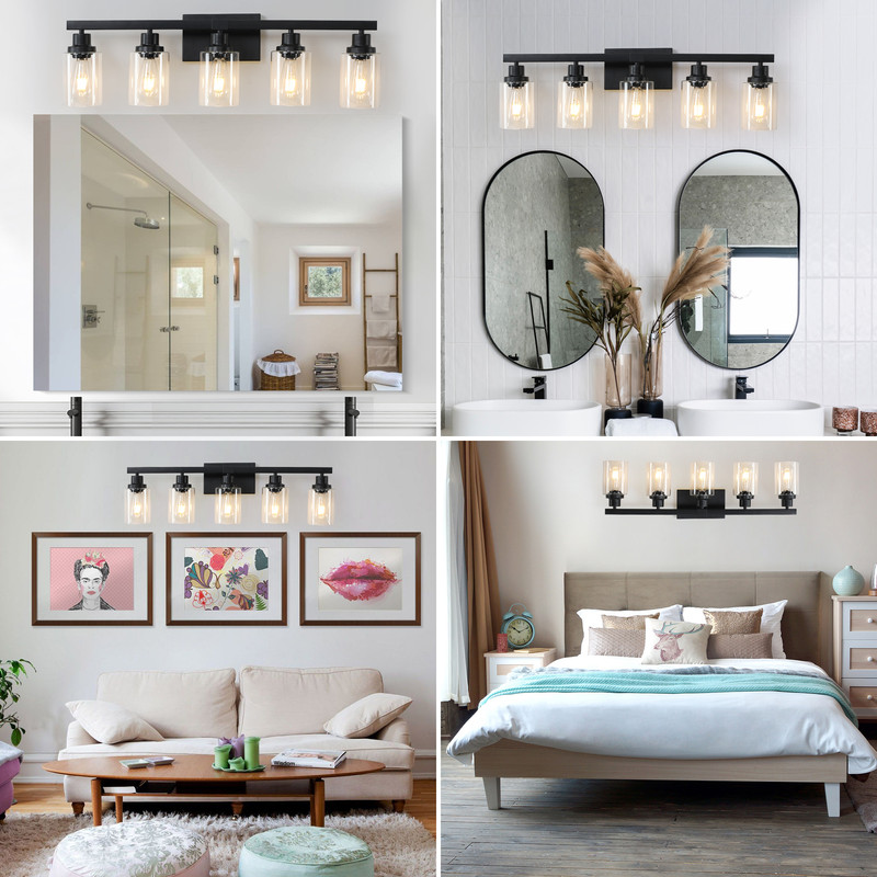 31" Industrial 5-Light Black Vanity Light with Clear Glass Shades, Modern Bathroom Wall Fixture for Mirror or Dressing Table, Durable Metal Build, No Bulbs Included