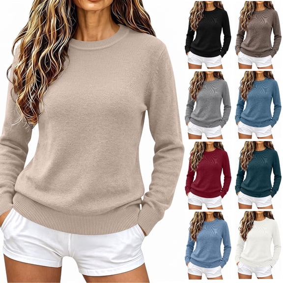 Ihhxva Knit Sweater for Women Crew Neck Long Sleeve Pullover Soft Cotton Basic Casual Office Wear S-2XL