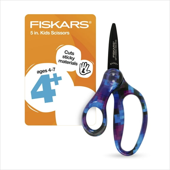 Fiskars 5" Scissors Designer Non-Stick Pointed-Tip Left-Handed 5" Scissors for Kids 4-7, Pixel