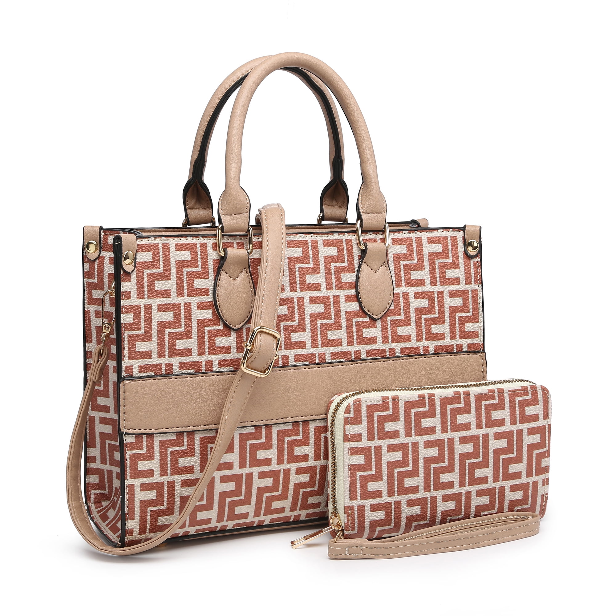 XB 2in1 Printed Handbag for Women Top Handle Tote Bag Set Faux