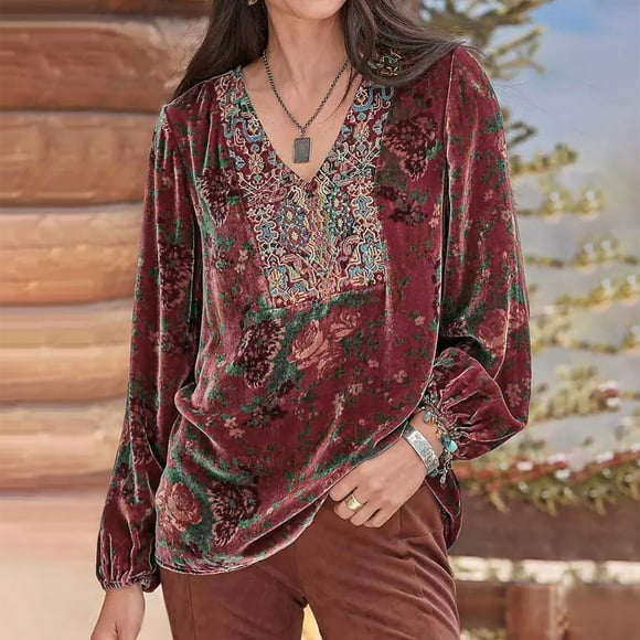 Meichang Hauts en Velours à Broderie Florale pour Femmes, Manches Longues Lanterne Vintage, Chandails à Col en V, Grande Taille, T-Shirts Graphiques à Vent National
