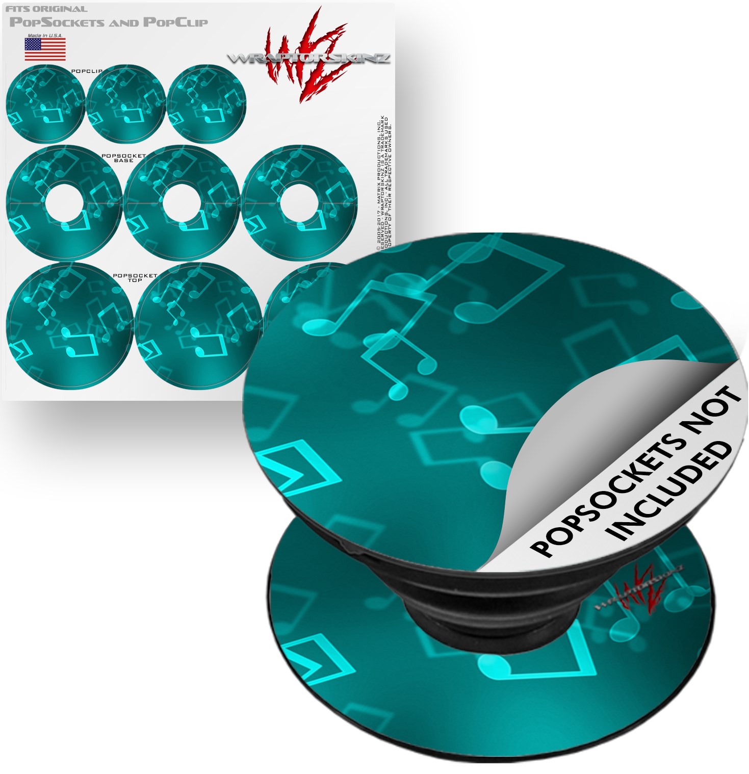 Decal Style Vinyl Skin Wrap 3 Pack for PopSockets Bokeh Music Neon Teal (POPSOCKET NOT INCLUDED) by WraptorSkinz