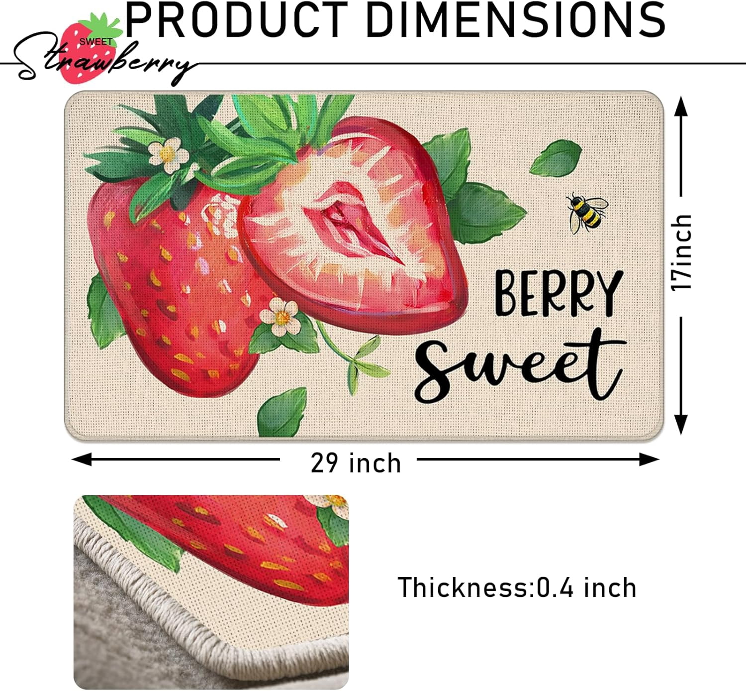 Spring Summer Strawberry Decorative Front Door Mat, Berry Sweet Welcome Doormat Indoor Outdoor Non-Slip Floor Entryway Rug, Fruit Bee Seasonal Home Kitchen Decoration 17x30 Inch