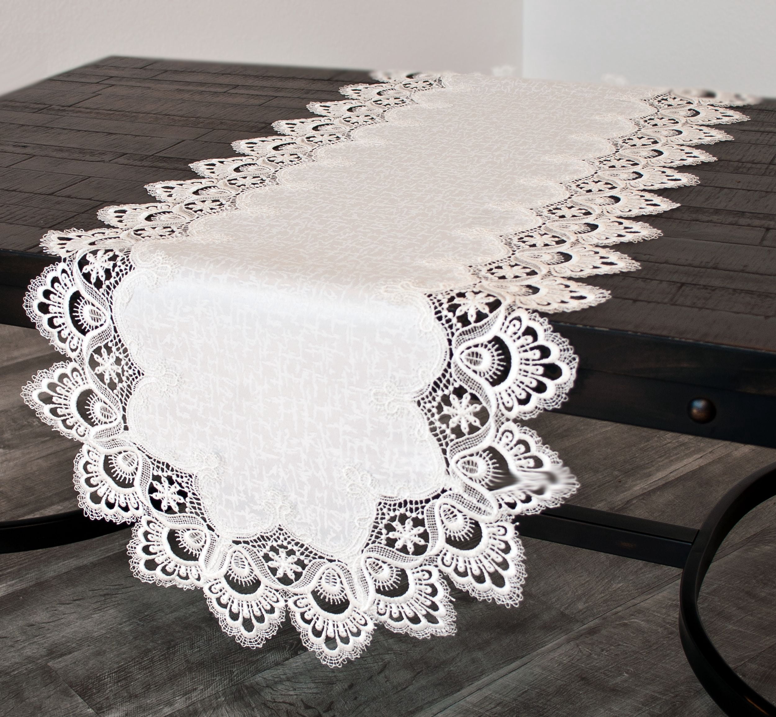 White European Lace and Antique Jacquard Fabric Table Runner (14" x 27" | 16" x 35"/44"/54" 14"x70")