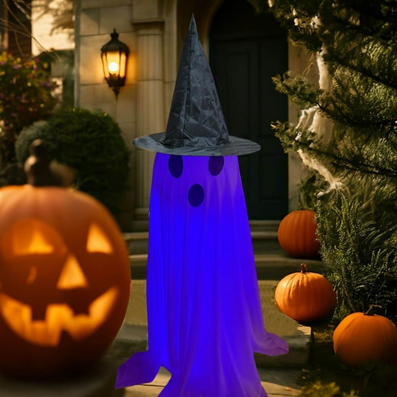 LHNFT Halloween Decorations Outdoor, Light Up Spooky Ghost with Witch Hat for Halloween Party Outside Decor Lighted Ghosts Stakes for Front Porch Yard Garden Home