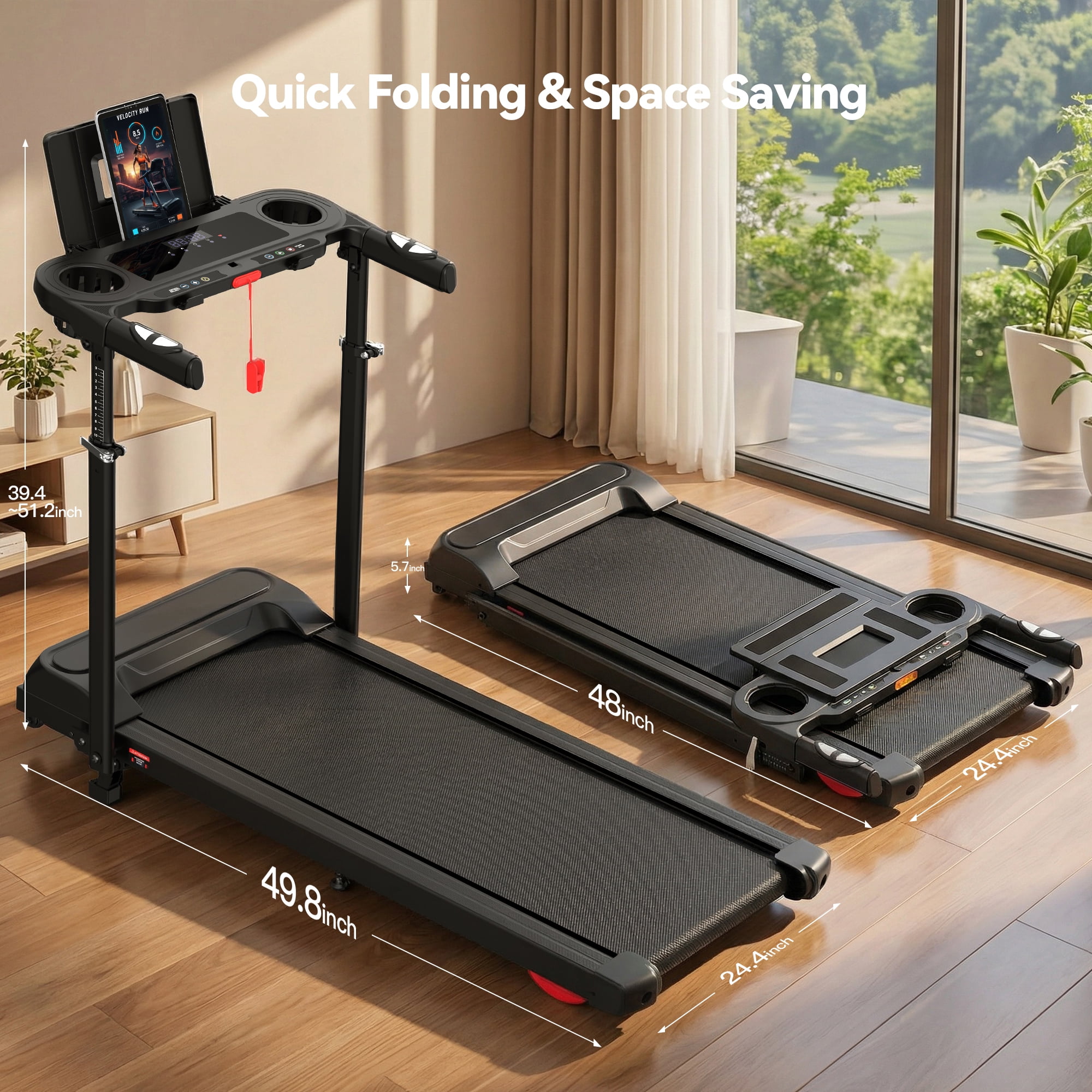 Kismom 8% Incline Treadmill with Adjustable Height & Foldable Workstation, 3.5HP Home Treadmill 300 lbs Capacity, 12 Programs & Heart Rate Monitor
