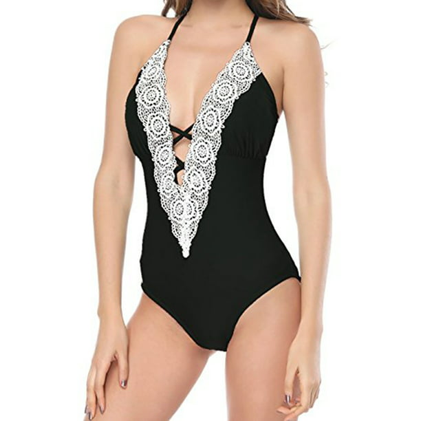 Women's Slimming Halter One-Piece Swimsuit Set Deep V Neck Floral Lace  Cutout Bikini Bathing Suits Swimwear