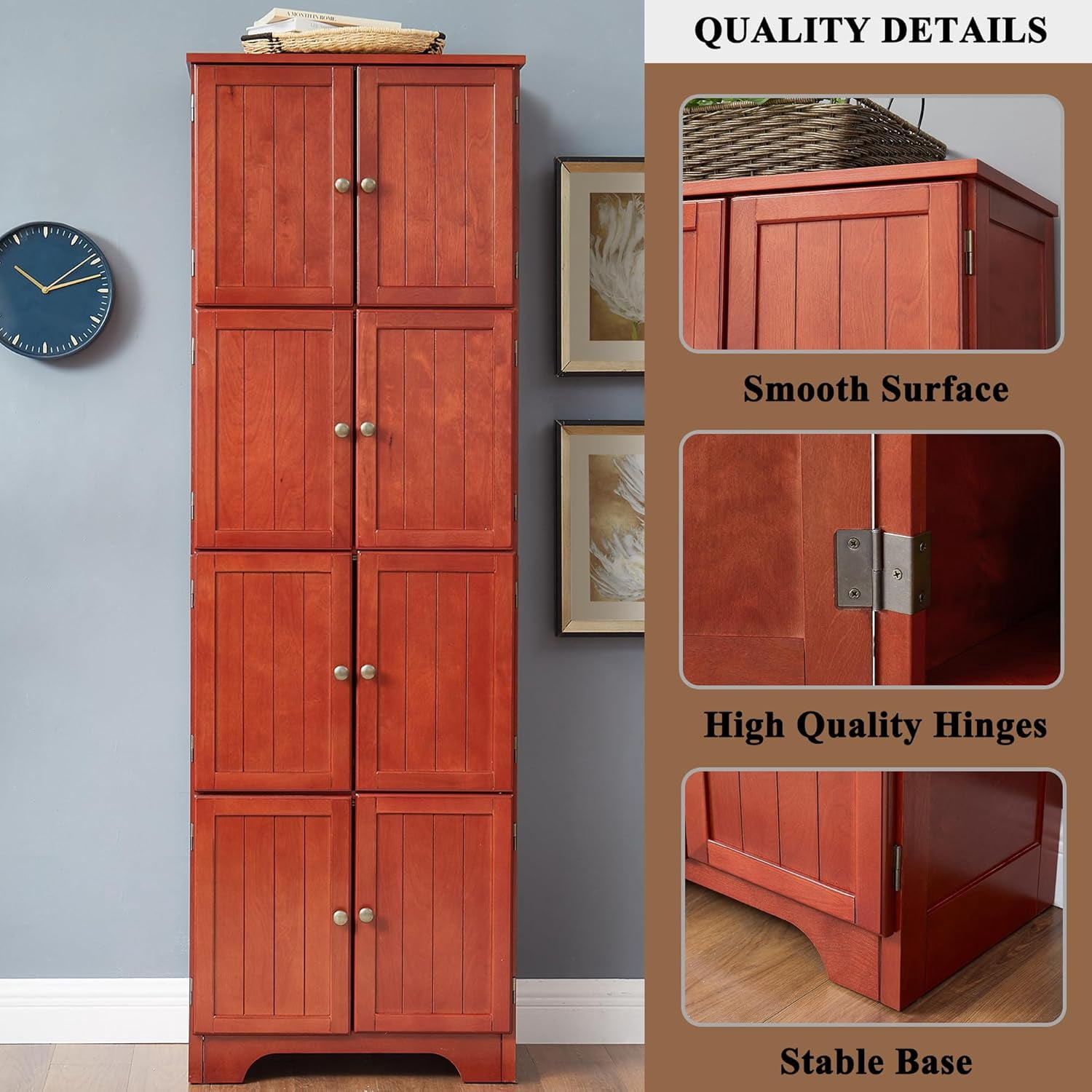 72" Tall Farmhouse Storage Cabinet, 4 Tier Kitchen Pantry Cabinet with 4 Shelves & 8 Doors, Freestanding Floor Storage Cabinet Wooden Organizer Bookcase for Living Room, Kitchen (Cherry)