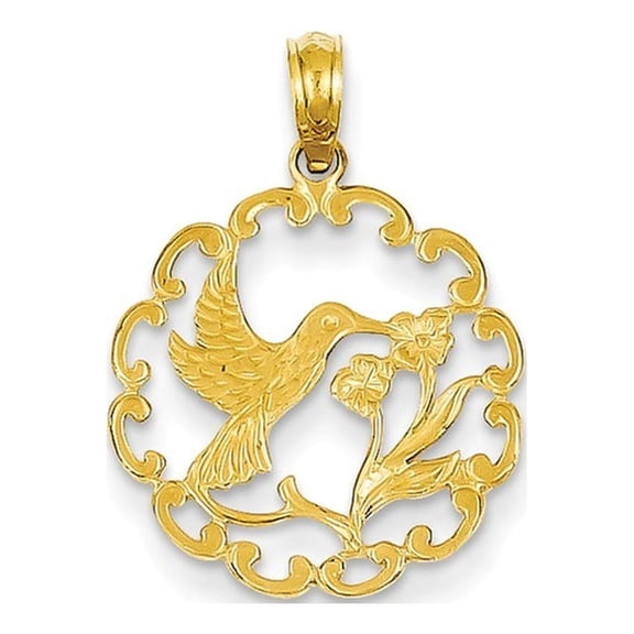 14k Yellow Gold Humming Bird With Flower In Frame Pendant - .9 Grams
