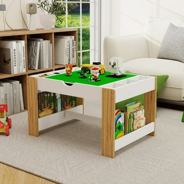 CoSoTower Kids 2 in 1 Play Table with 7 Storage Compartments,Compatible with Lego Building Block,Modern Activity Learning Table Game Furniture-White