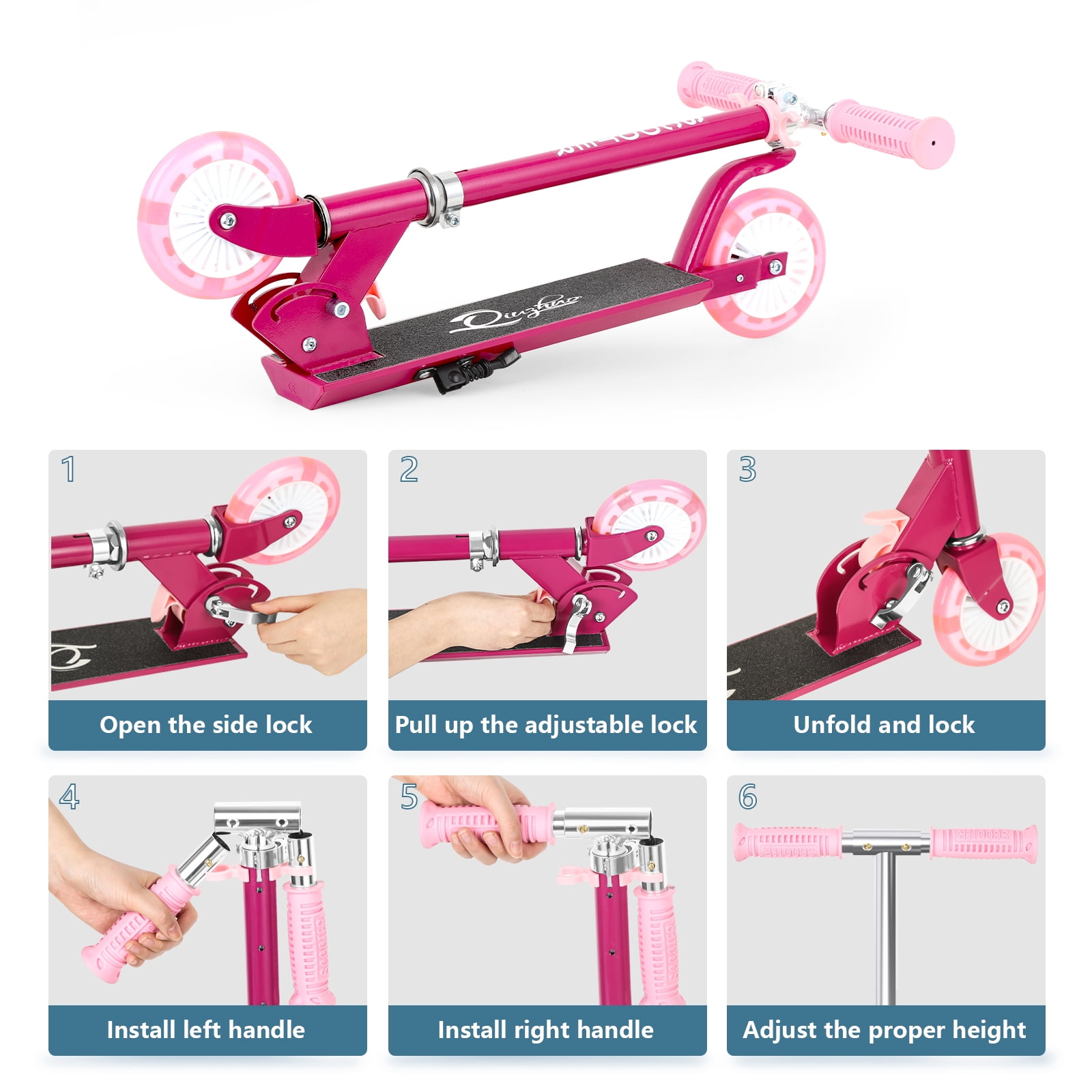 Scooter With 2 Wheels, for Kids Ages 6+, Kickstand Foot Support, Adjustable Height & Foldable, Fuchsia