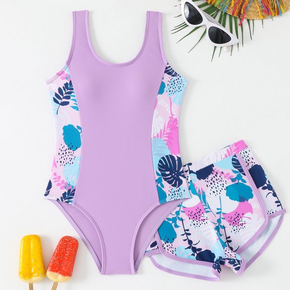 HAJWOH Girls One Piece Swimsuit with Shorts Sleeveless Stretchy Swimwear Sun Protection Padded Bathing Suit 5-14 Years