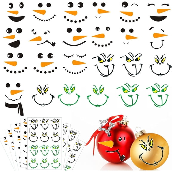 80 PCS Snowman Face Stickers for Christmas Ornaments, Vinyl Decals DIY Craft Art Stickers,Cute Snowman Wall Decor for Christmas Ball Water Bottles Fridge Wall Door Party Supplies Home Decoration
