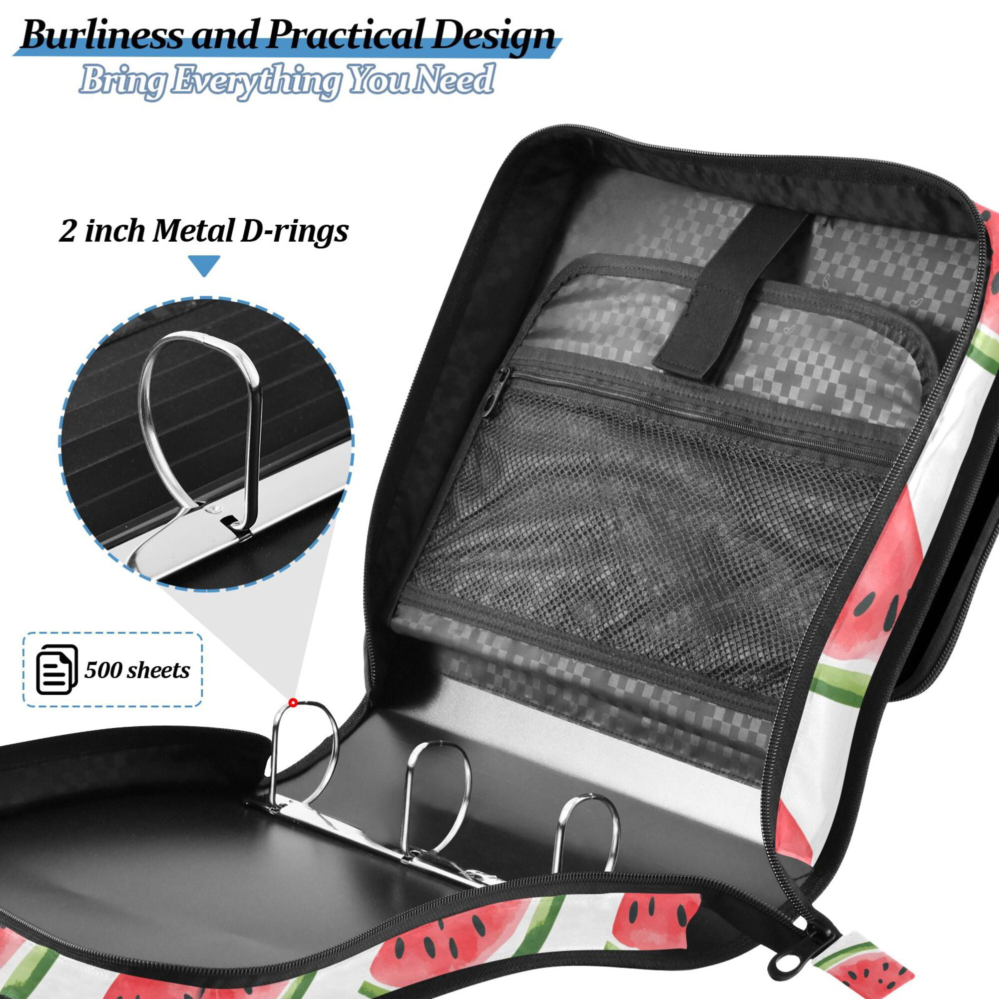 FORMRS Zipper Binder with Shoulder Strap 2-inch Ring 500 Sheet Capacity File Bag, White Watermelon