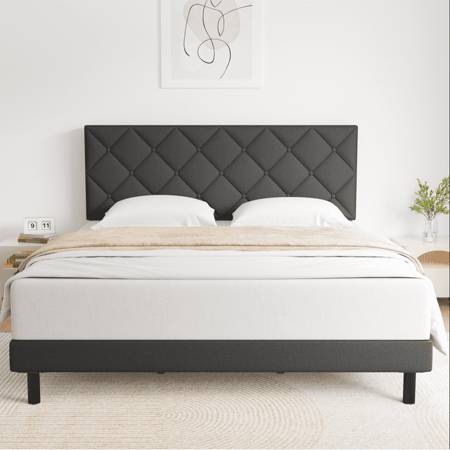 Cadre de Lit Grand, Lit Plateforme Taille Grand avec Tête de Lit Rembourrée en Tissu, Gris Foncé