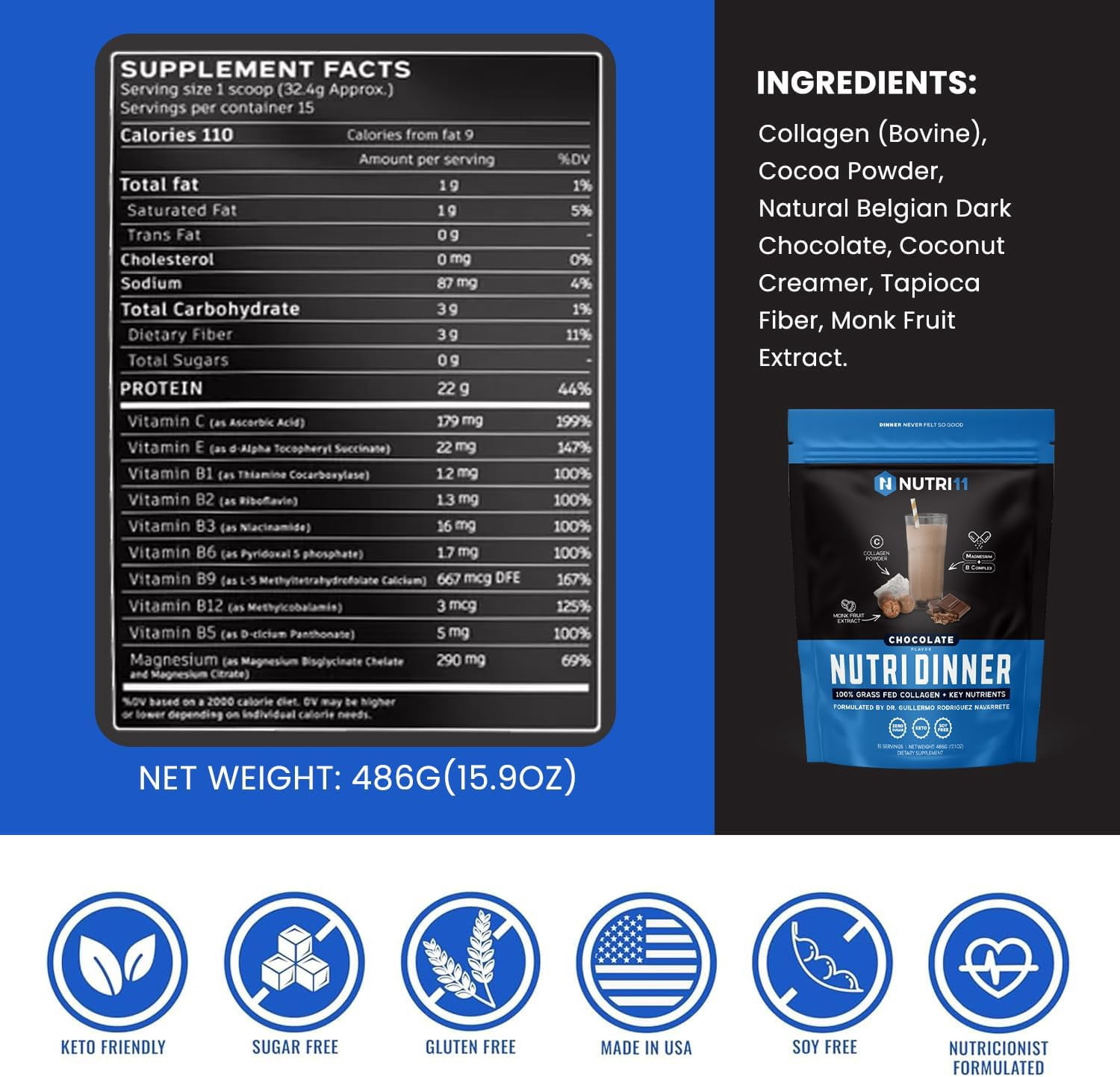 NutriDinner by Nutrillermo | Grass-Fed Collagen Protein Powder | Magnesium, B-Vitamins & Monk Fruit | Sleep, Recovery, and Wellness Supplement |