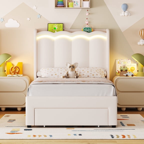 Hiphuta Twin Size Bed with Power Outlet & LED, Upholstered Princess Beds with Drawer, Twin Beds with Headboard Storage, Beige