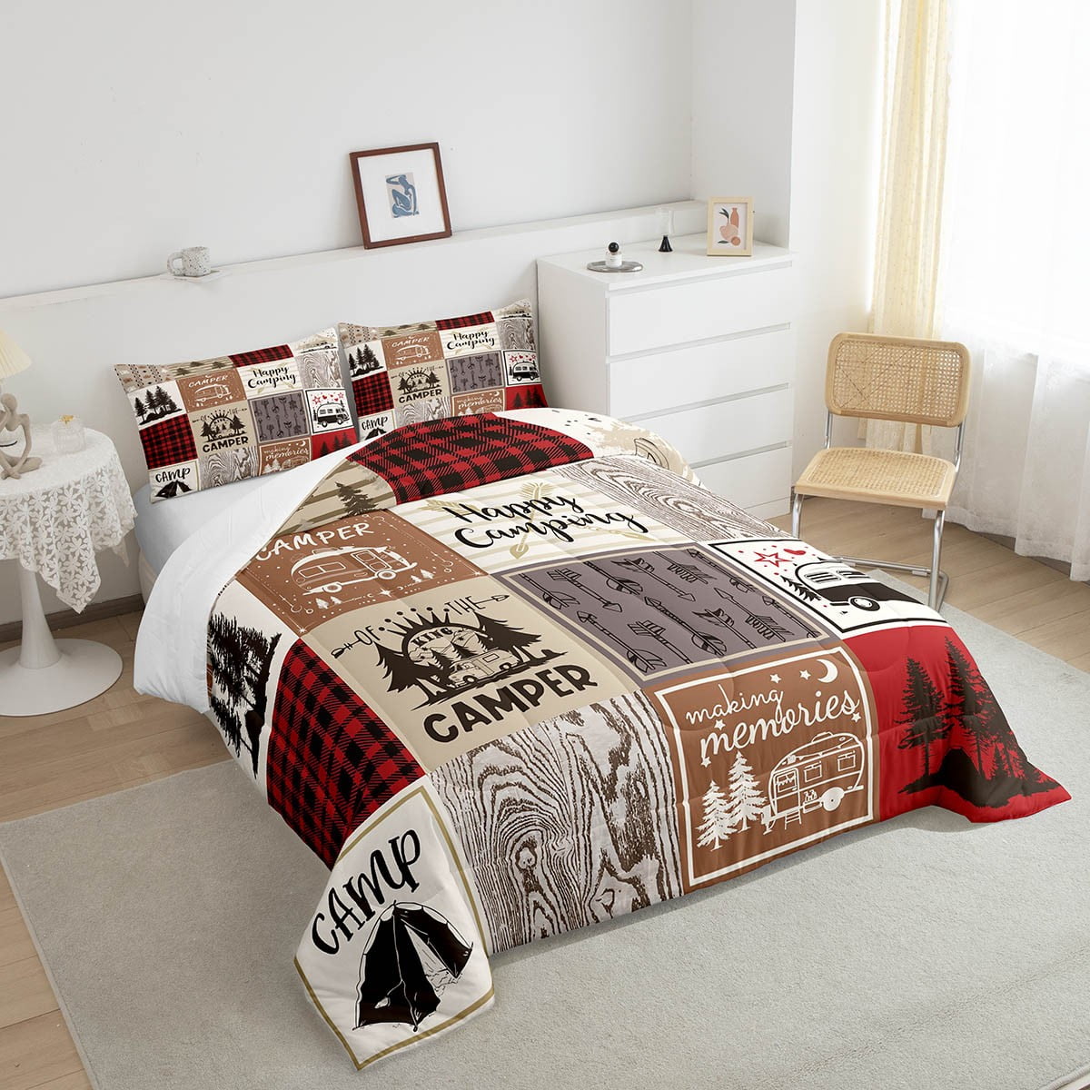 Erosebridal Short Queen Comforter For Rv Camper Happy Camping Bunk Comforter Set Rv Camper Accessories Bedding For Travel Trailers, Patchwork Buffalo Plaid Pine Tree Arrow Quilt Set Red Brown