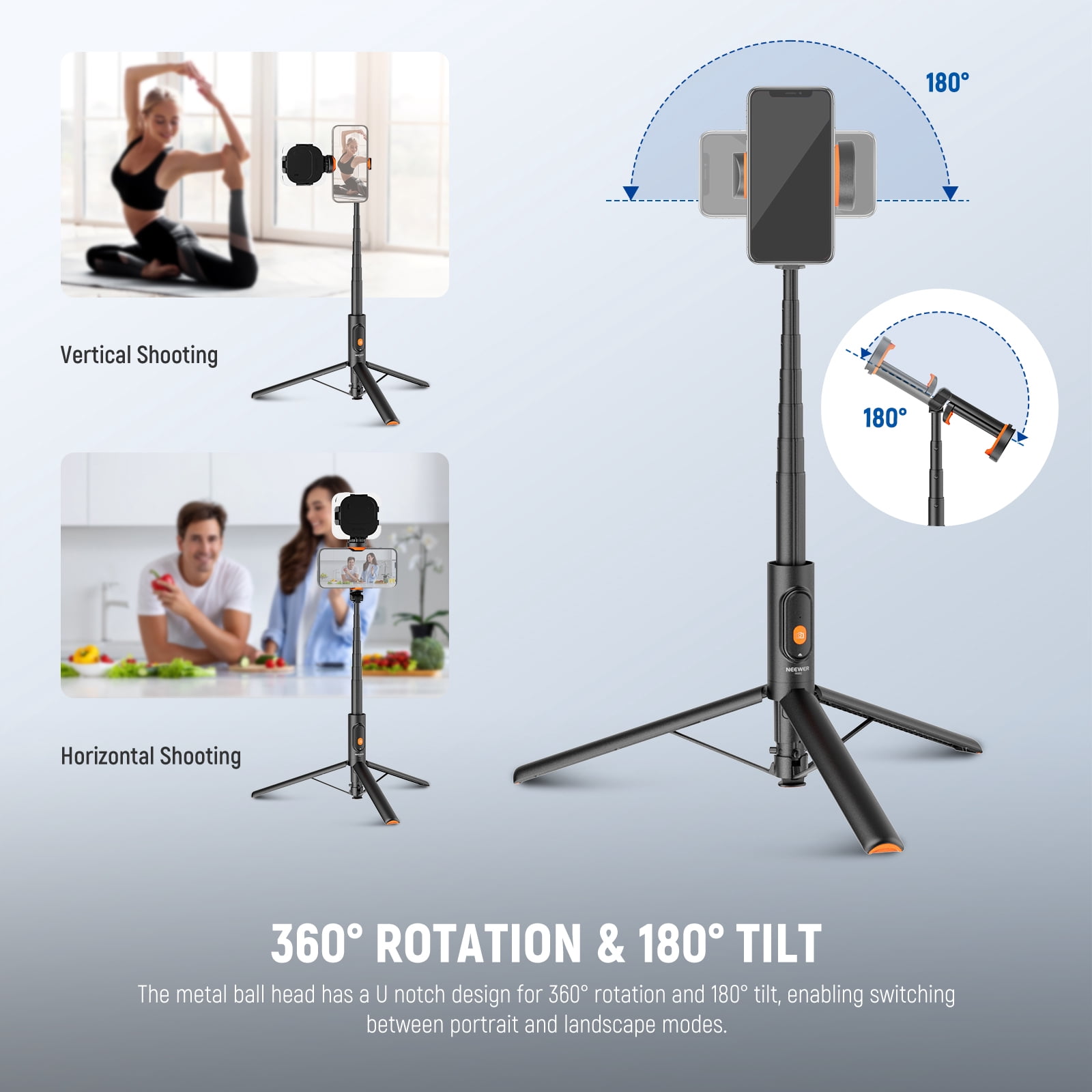 Neewer 57.9" Selfie Stick Tripod for iPhone/Samsung/Android - Lightweight, w/Phone Holder & Remote, PA992 Black