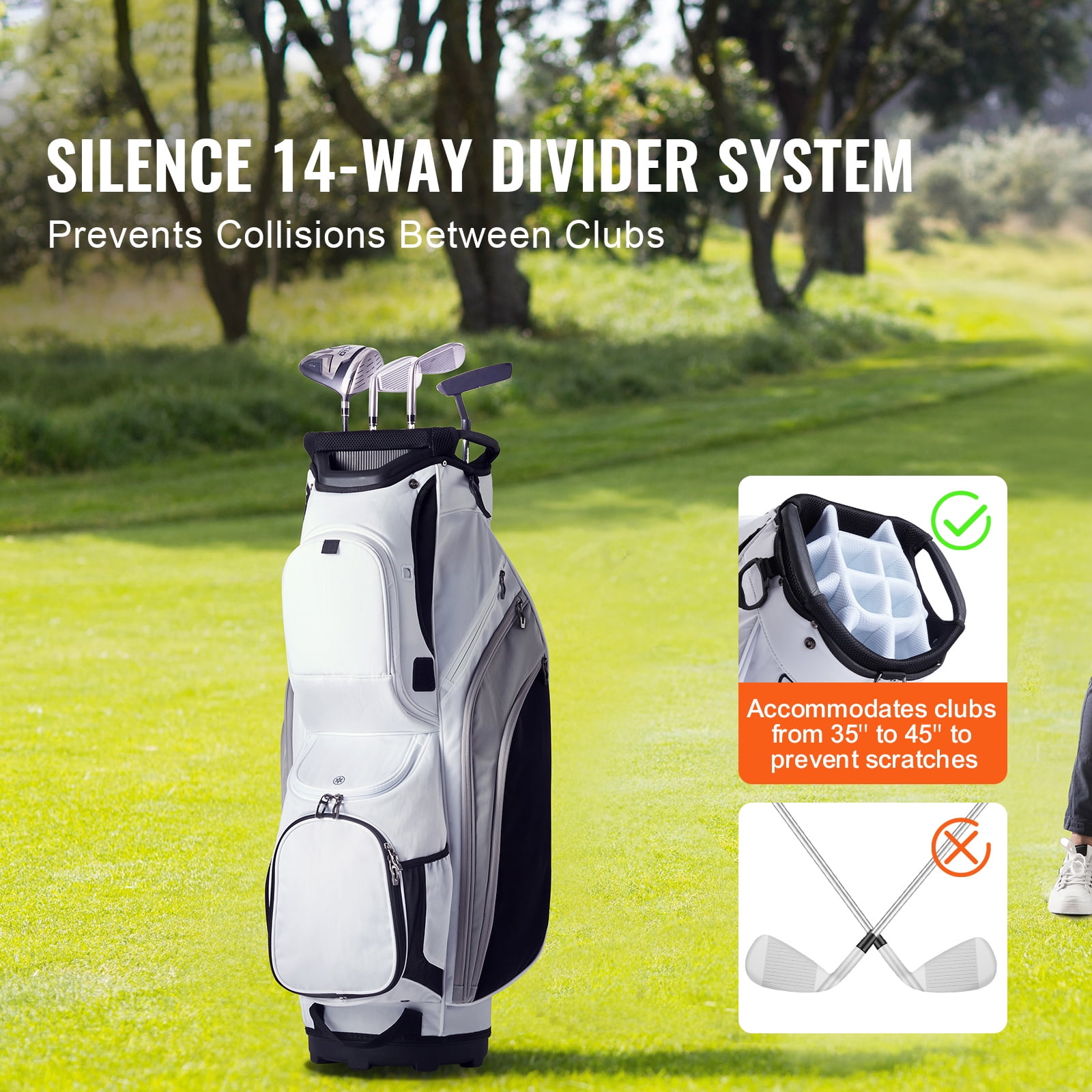 KFFKFF Golf Equipment Bag, 14 Section Divider, 36”, 13 Compartments, Superior Nylon Material, Robust Golf Bag with Grips, Dust Protector, Removable Straps, Suitable for All, White Color Scheme