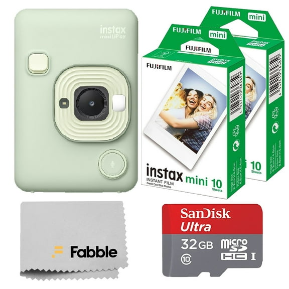 Fujifilm INSTAX Mini LiPlay Hybrid Instant Camera (Matcha Green) Bundle with 20 Sheets INSTAX Mini Film, 32GB microSD Card,  USB Charging Cable, Hand Strap, Cleaning Cloth