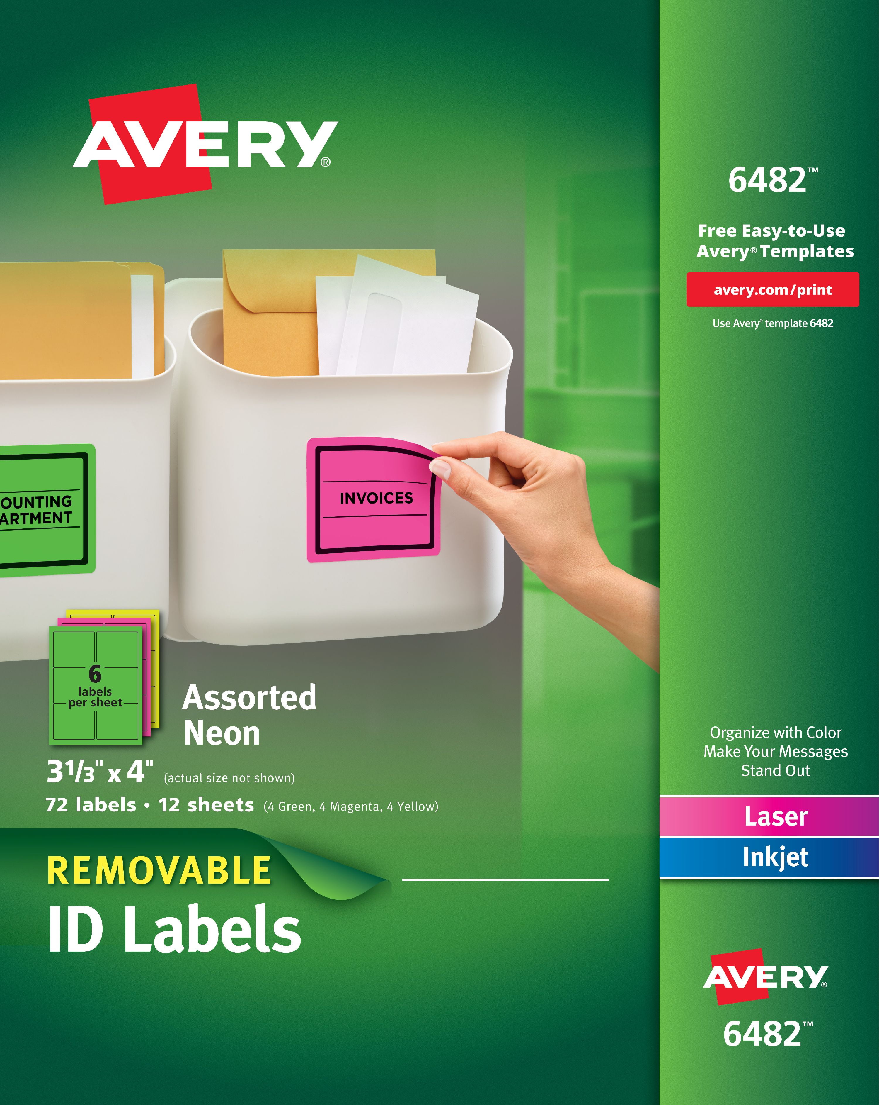 Avery Removable Multipurpose Labels, Assorted Neon, 3 1/3 x 4