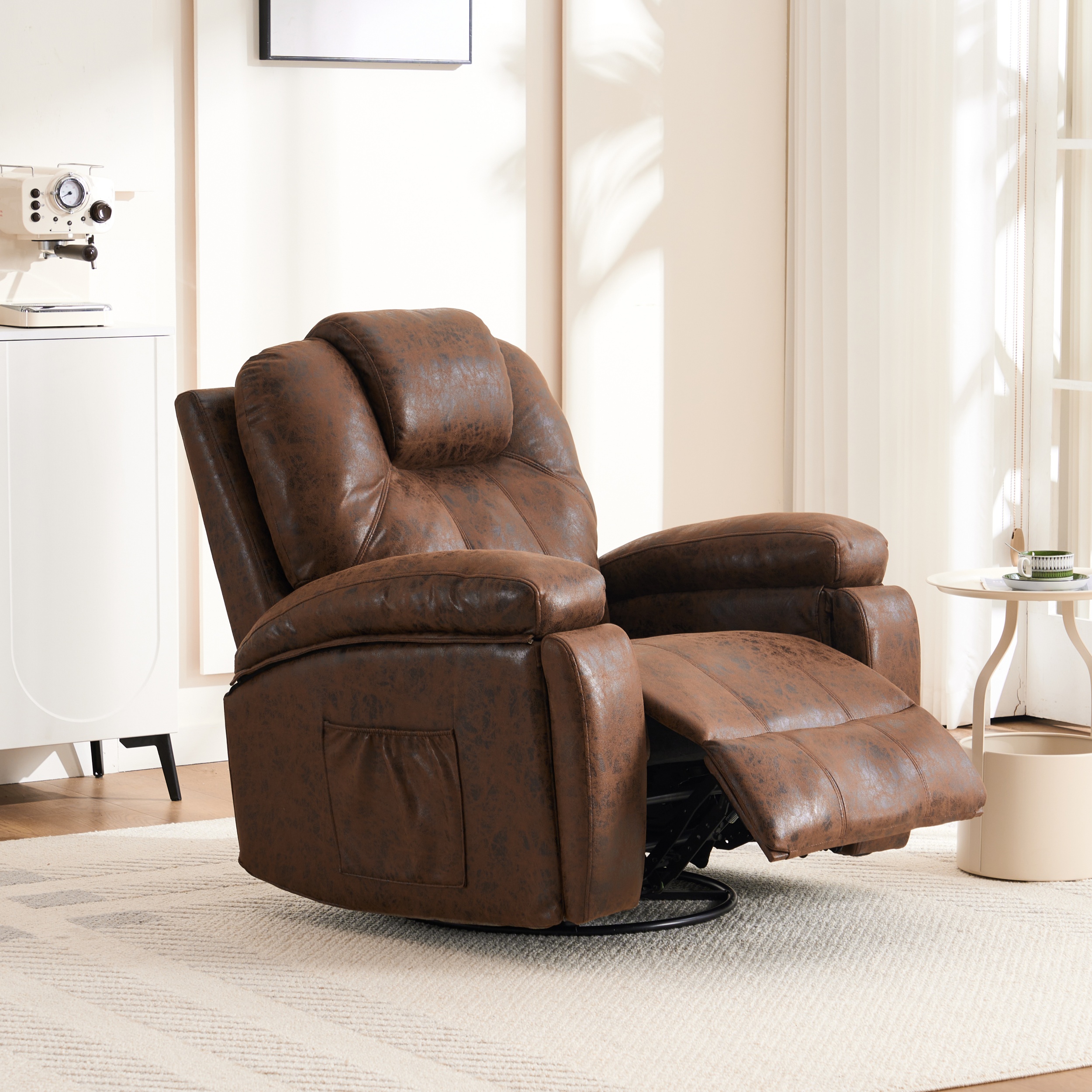Aukfa Manual Recliner Chair for Living Room Bedroom, Overstuffed Recliners,Concealed Cup Holder,Brown