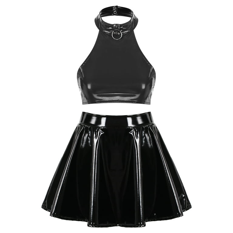 YONGHS Women's Shiny Metallic Halter Neck Crop Top + Mini Skirt Two Piece Rave Outfits Set Black S - Walmart.com YONGHS Women's Shiny Metallic Halter Neck Crop Top + Mini Skirt Two Piece Rave Outfits Set Black S - Walmart.com