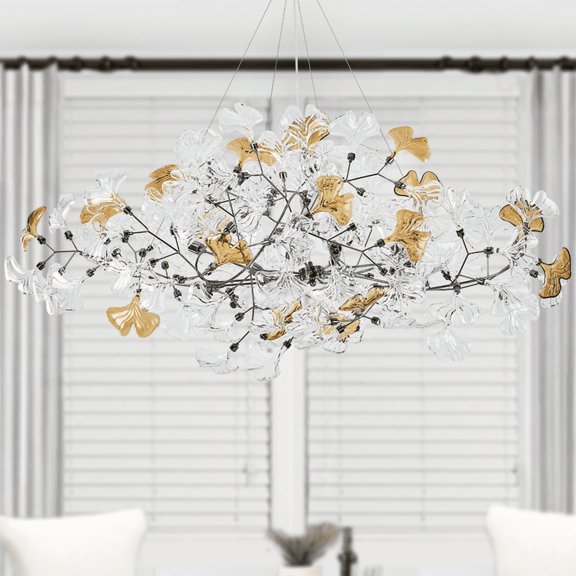 Modern Chandeliers for Dining Room - 59In Black Rectangle Brass Large Tree Branch Art Deco Mid Century Chandelier with Ginkgo Leaves, Farmhouse Chandelier for Living Room,Bedroom