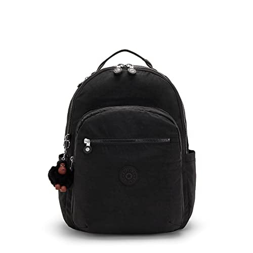 Kipling Seoul Backpack, True Black 2, 12.75&quot; L x 17.25&quot; H x 9&quot; D, Women's Seoul 15” Laptop Backpack, Durable, Roomy With Padded Shoulder Straps, Nylon School Bag